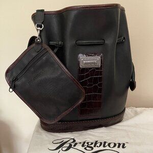 Brighton Leather Purse w/ Faux Crocodile-Black with Brown Trim w/ Change Purse